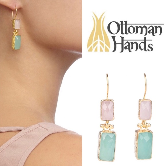 NWT Ottoman Hands Rose Chalcedony Drop Earrings Gold Overlay - Picture 7 of 8